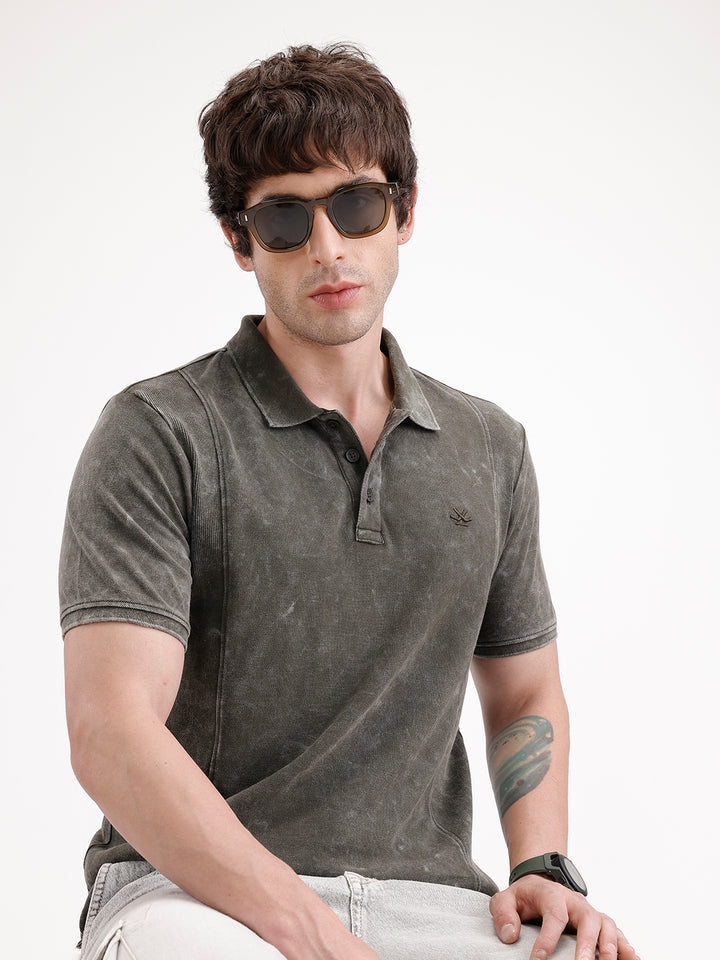 Slim Fit Washed Cut & Sew Polo T-Shirt | Olive