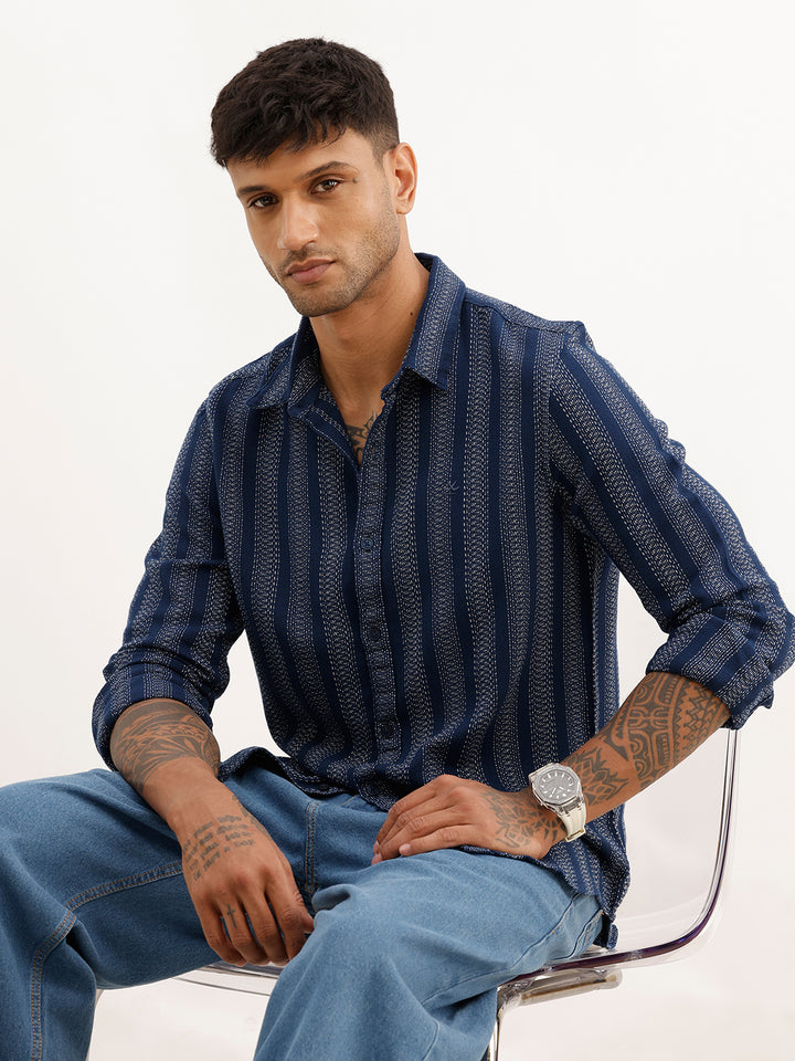 Slim Fit Striped Full Sleeve Shirt | Navy Blue