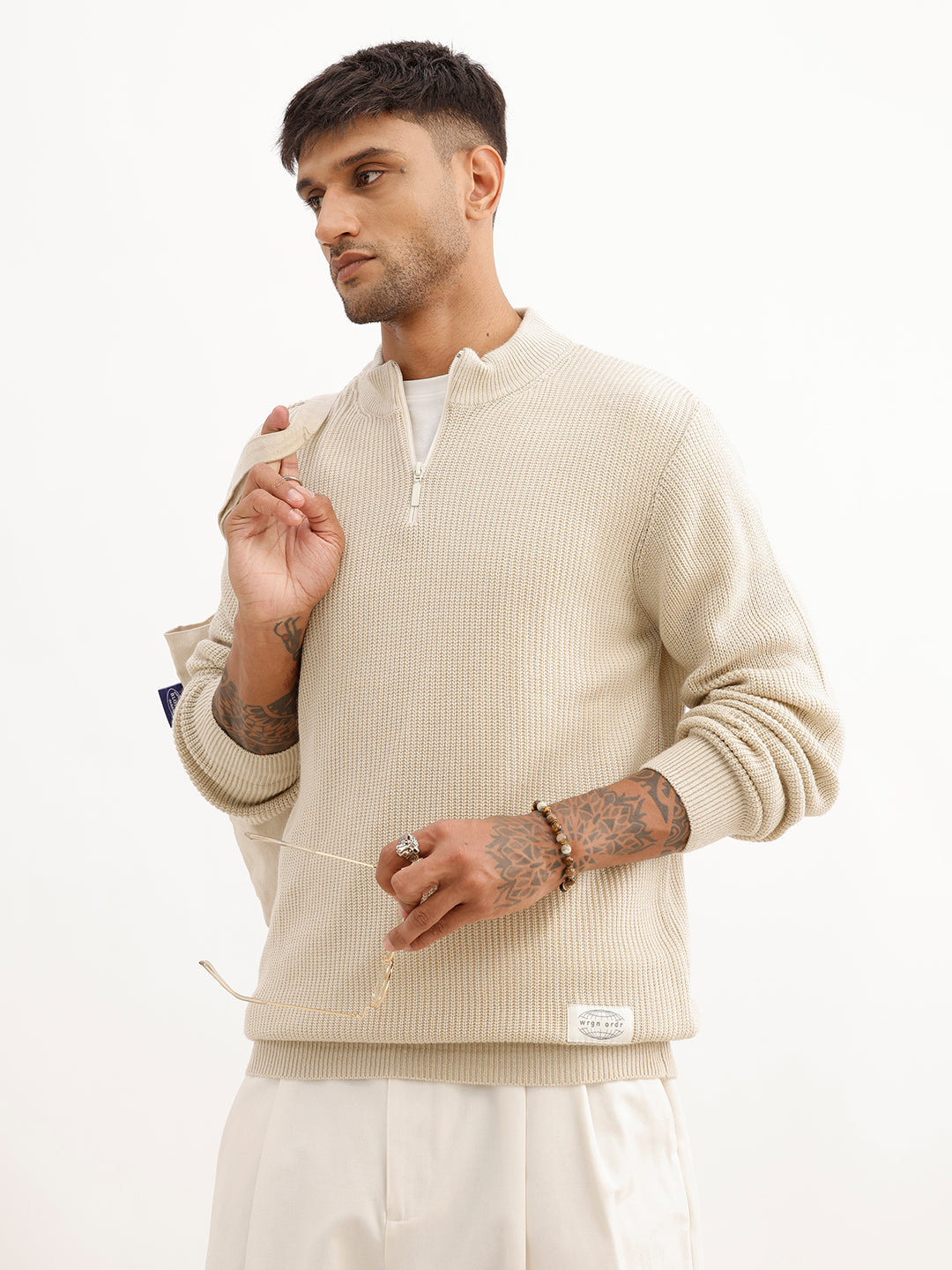 Regular Fit Textured Quater Zipper Sweater | Beige