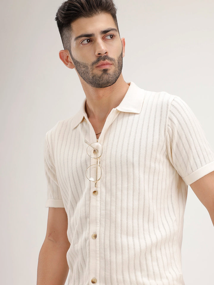 Slim Fit Textured Half Sleeve Shirt | Off White
