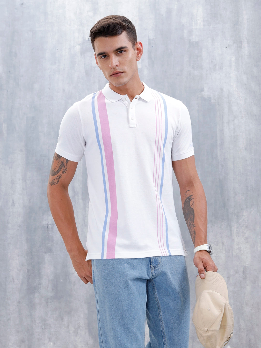 Men's Casual Regualr Fit Striped Pattern Polo T-Shirt | White