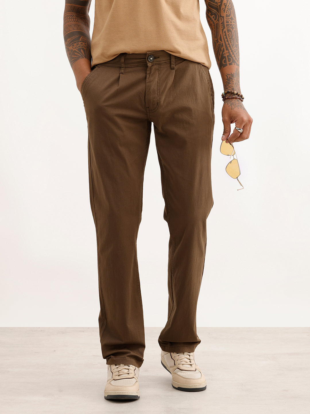 Solid Straight Fit Pleated Trouser | Olive