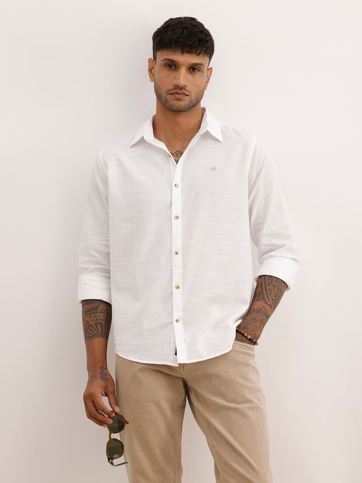 Textured Slim Fit Cotton Shirt | Cream