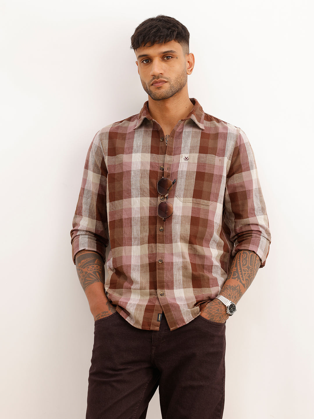 Classic Checkered 100% Polyester Shirt | Brown