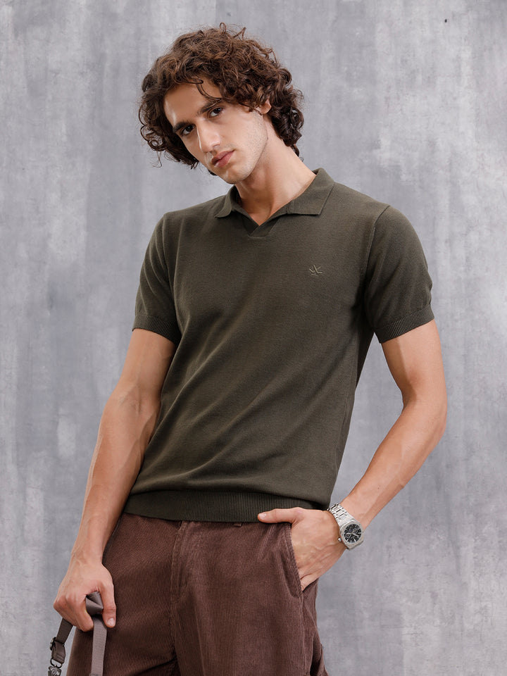Premium Flat Knit Slim Fit Polo T-Shirt | Olive
