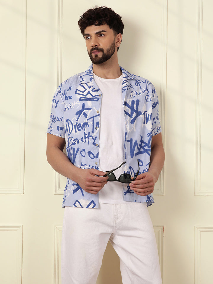 Textured Light Weight AOP Shirt | Blue