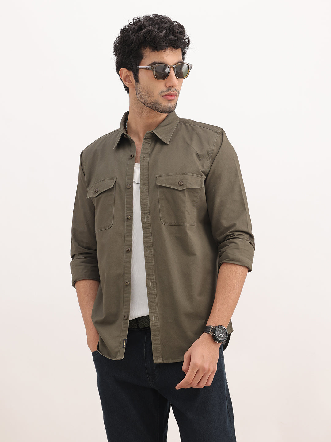 Slim Fit Double Pocket Full Sleeve Shirt | Olive