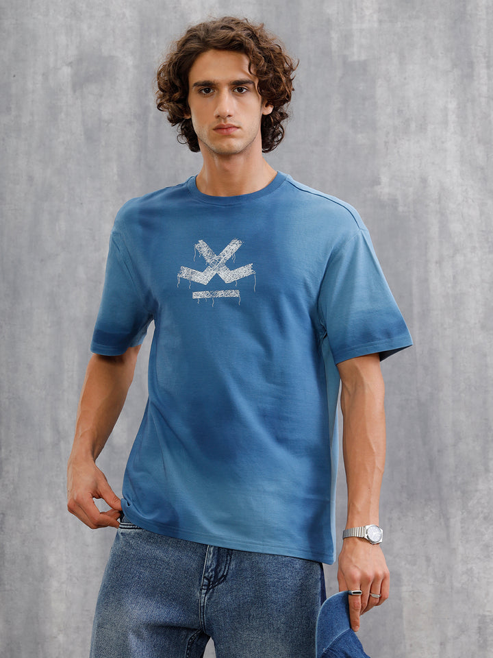Smokey Pigment Spray With Grunge Logo Print Oversized Crew Neck T-Shirt | Blue