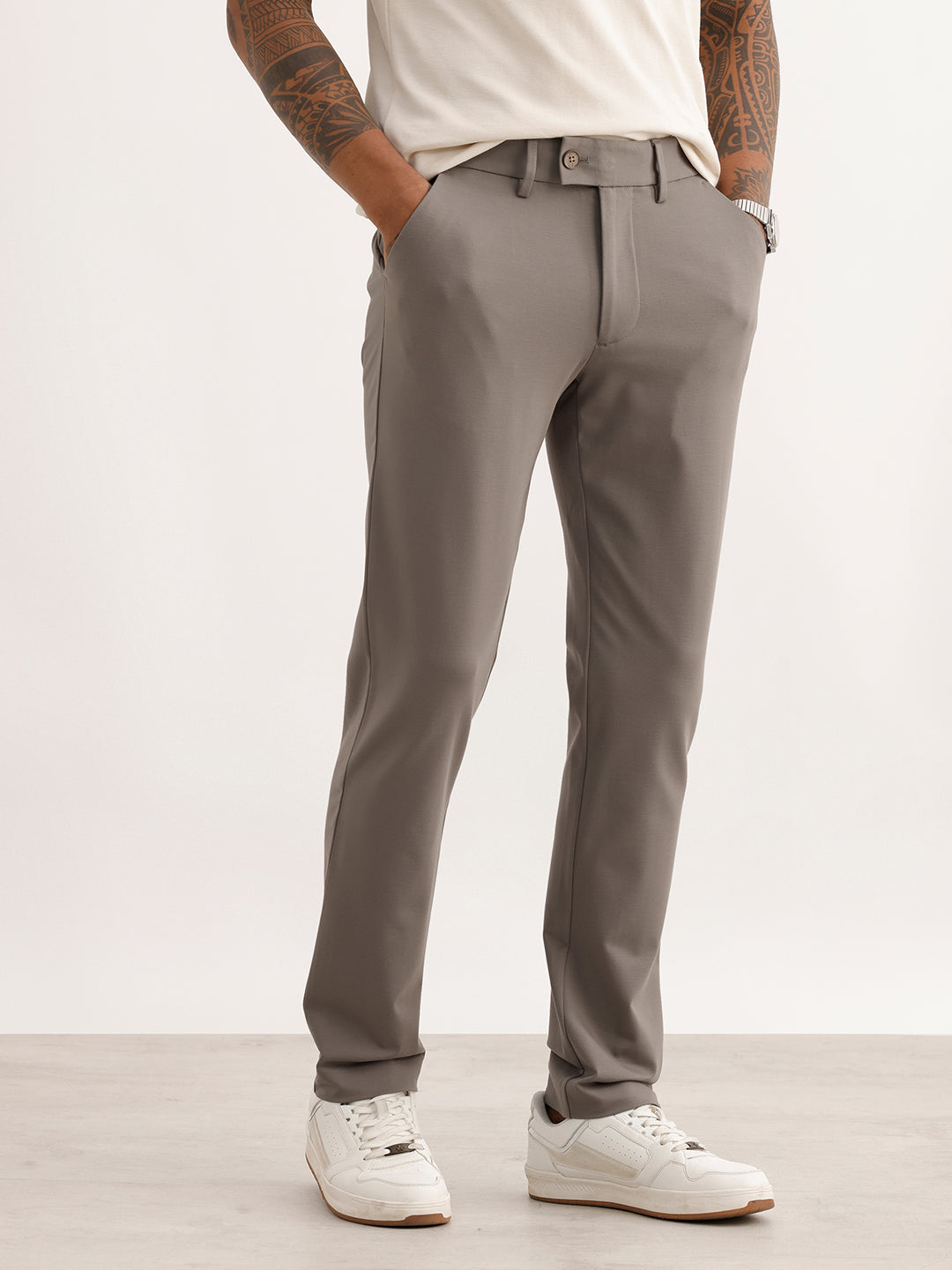 Solid Slim Fit Cotton Blend Trouser | Olive