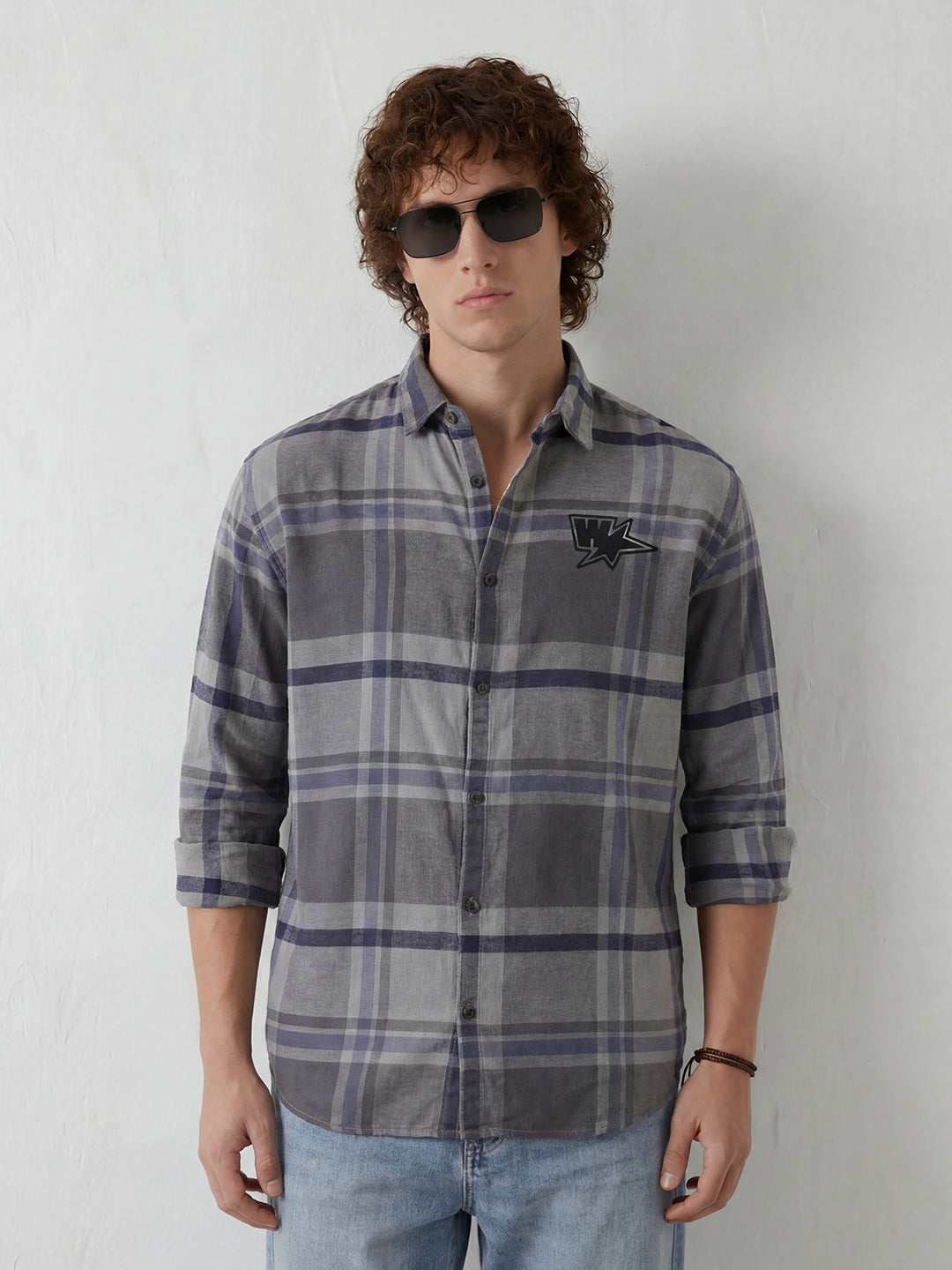 Oversized Placement Printed Checkered Shirt | Grey