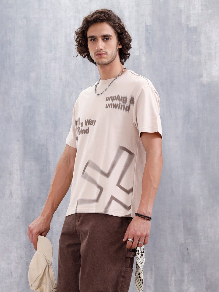 Casual Men Oversized Fit Tee With Placement Graphic | Beige