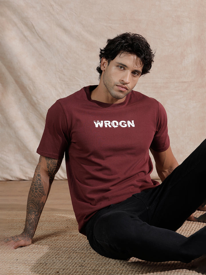 Glitched Logo Printed T-Shirt | Maroon