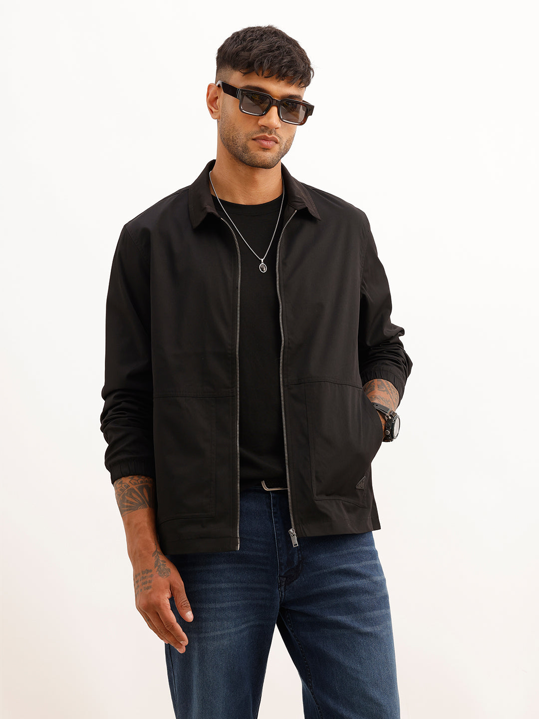 Solid Regular Fit Zipper Jacket | Brown