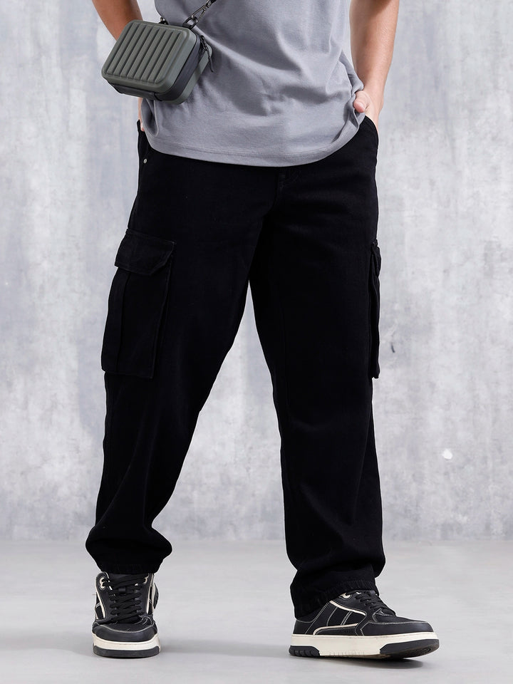 Loose Fit Workwear Trousers With Patch Pockets & Hammer Loop | Black