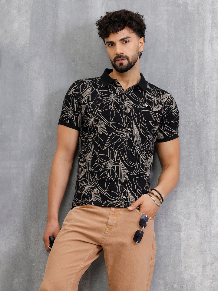 Floral Abstract Aop Polo T-Shirt | Black