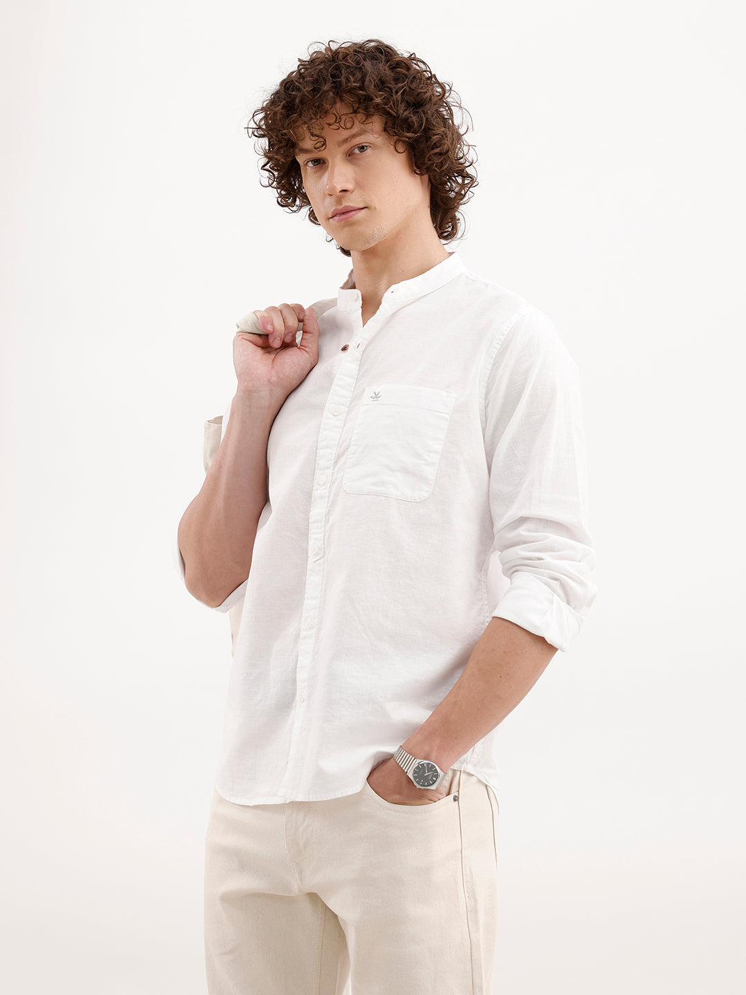 Solid Slim Fit Mandarin Collar Shirt | White