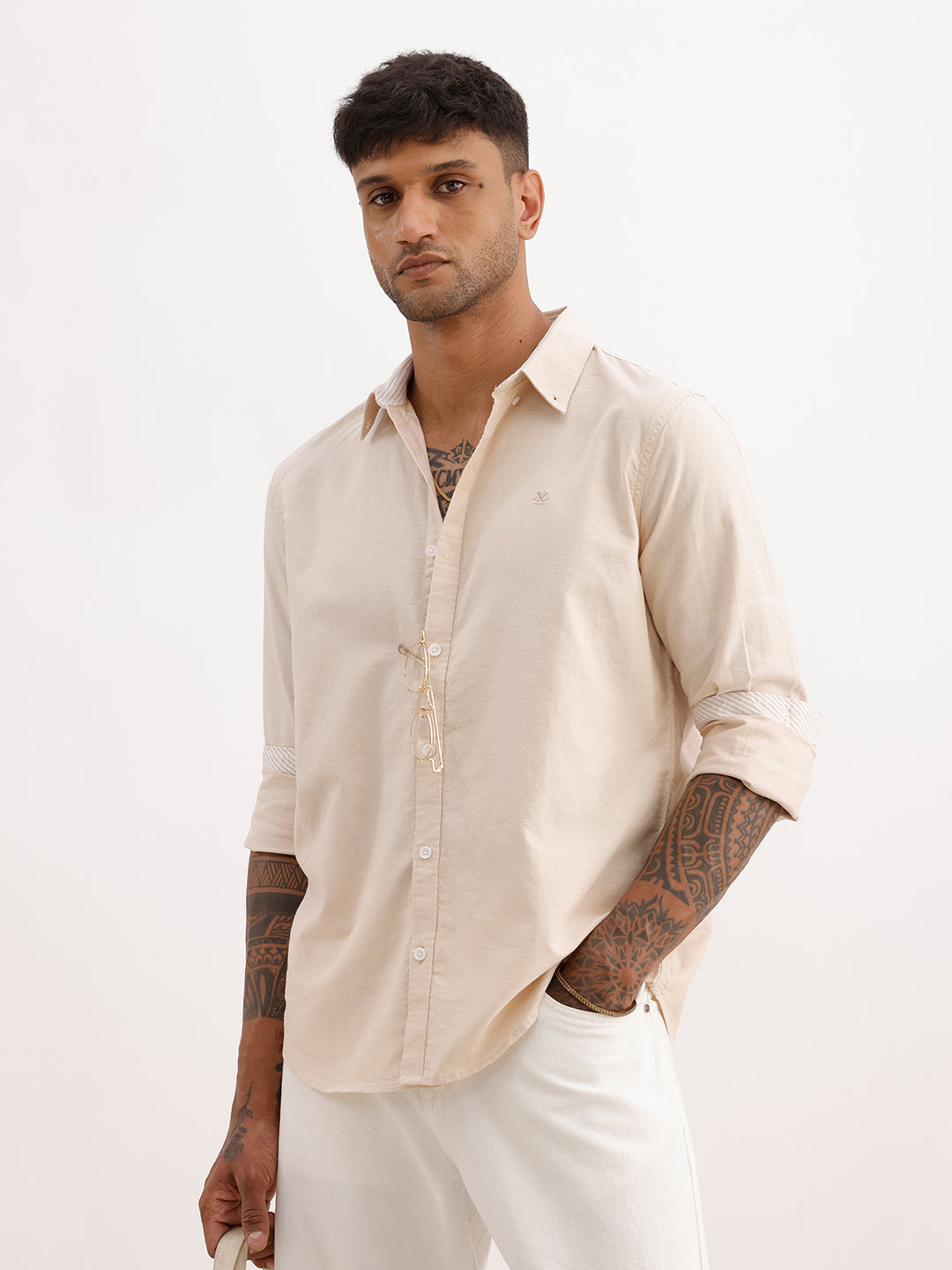 Solid Slim Fit 100% Cotton Shirt | Beige