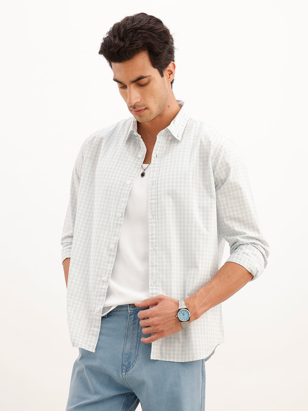 Regular Fit Full Sleeve Checkered Shirt | Light Blue