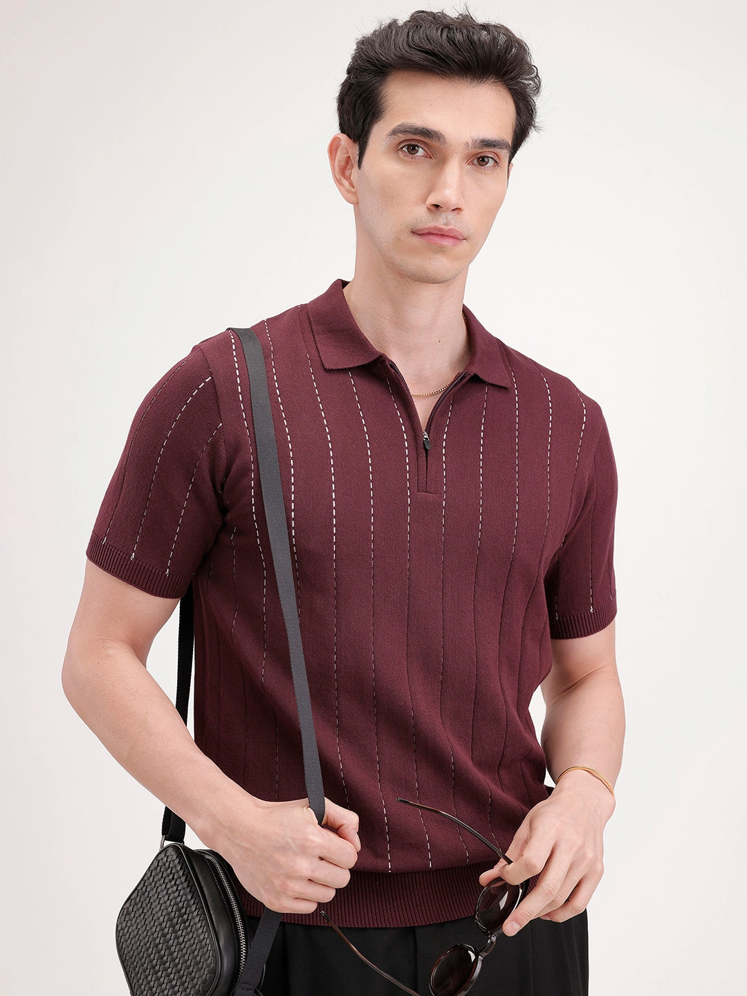 Slim Fit Flat Knit Polo T-Shirt | Maroon