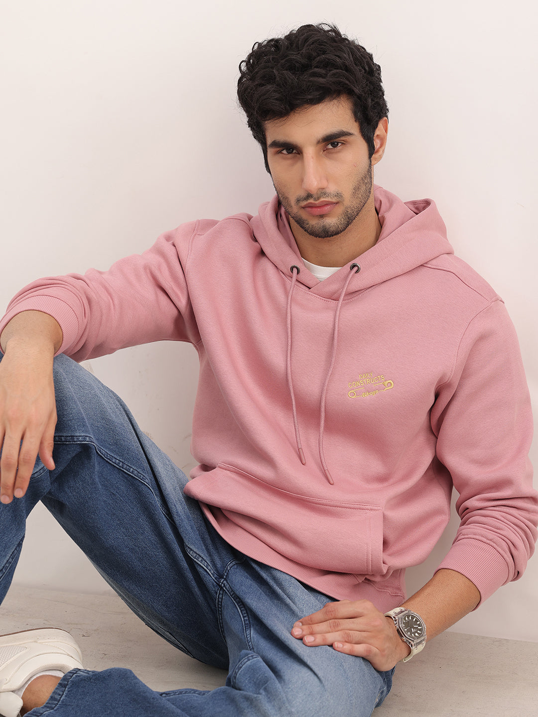 Comfort Fit Embroidery Detail Hooded Sweatshirt | Pink