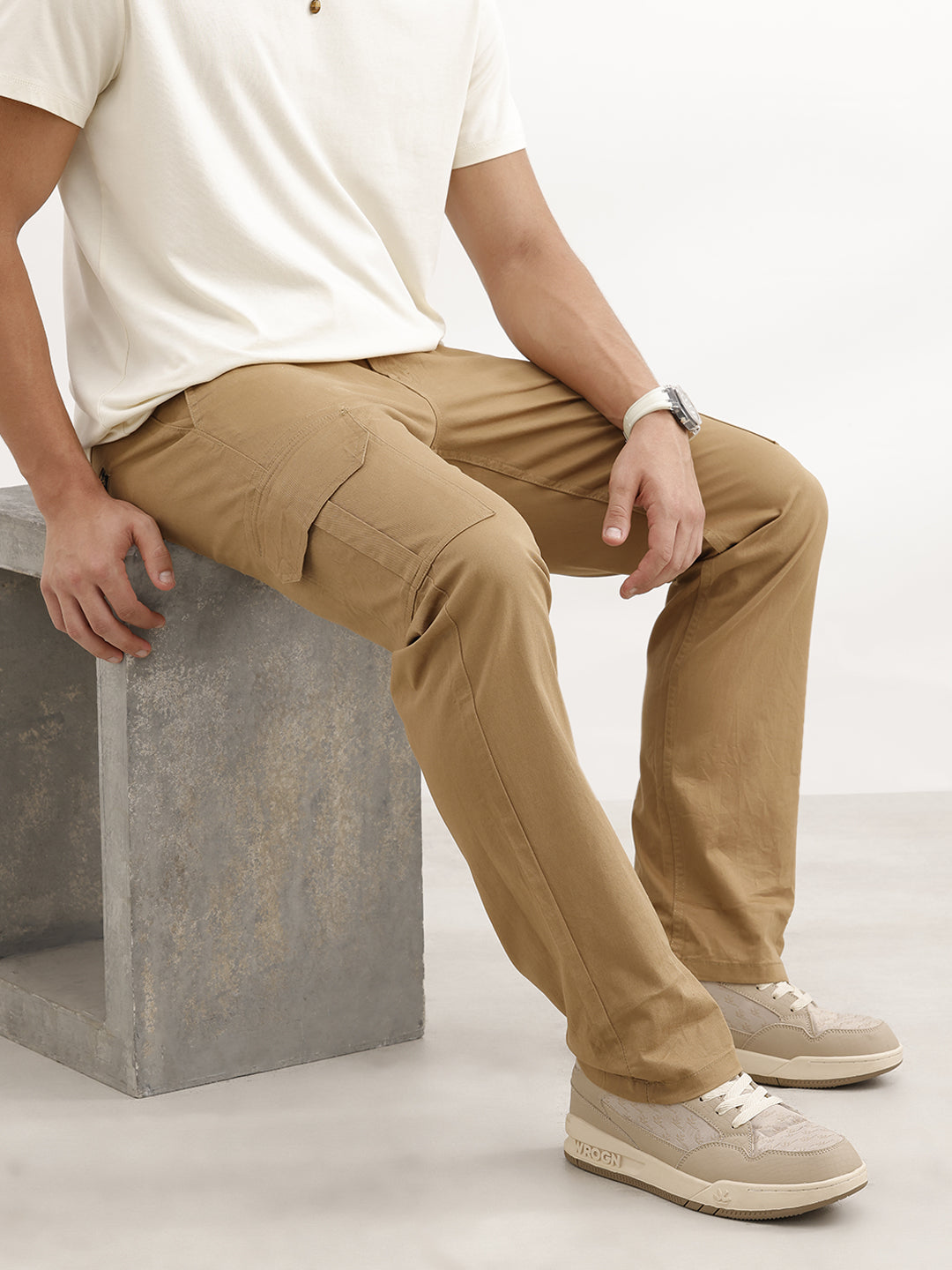 Solid Straight Fit Cargo Trouser | Khaki