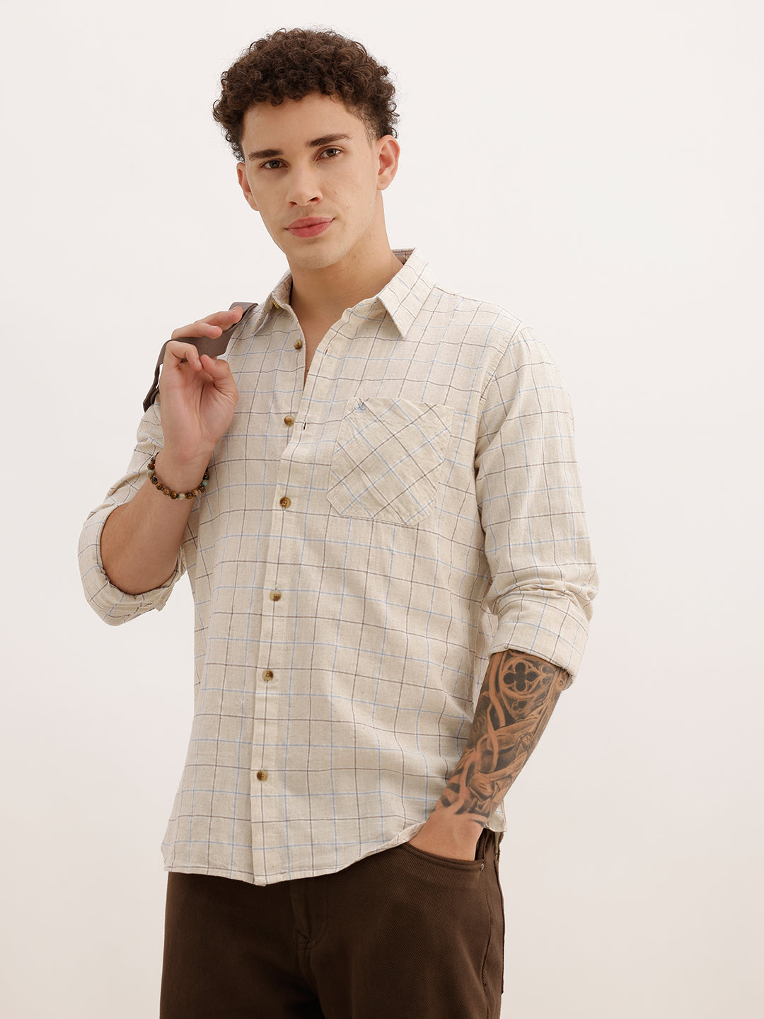 Regular Fit Full Sleeve Checkered Shirt | Beige | WWSH0729MAZ