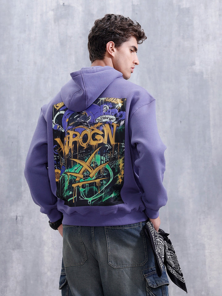 Graffiti Patch Oversized Brushed Fleece Hoodie | Purple
