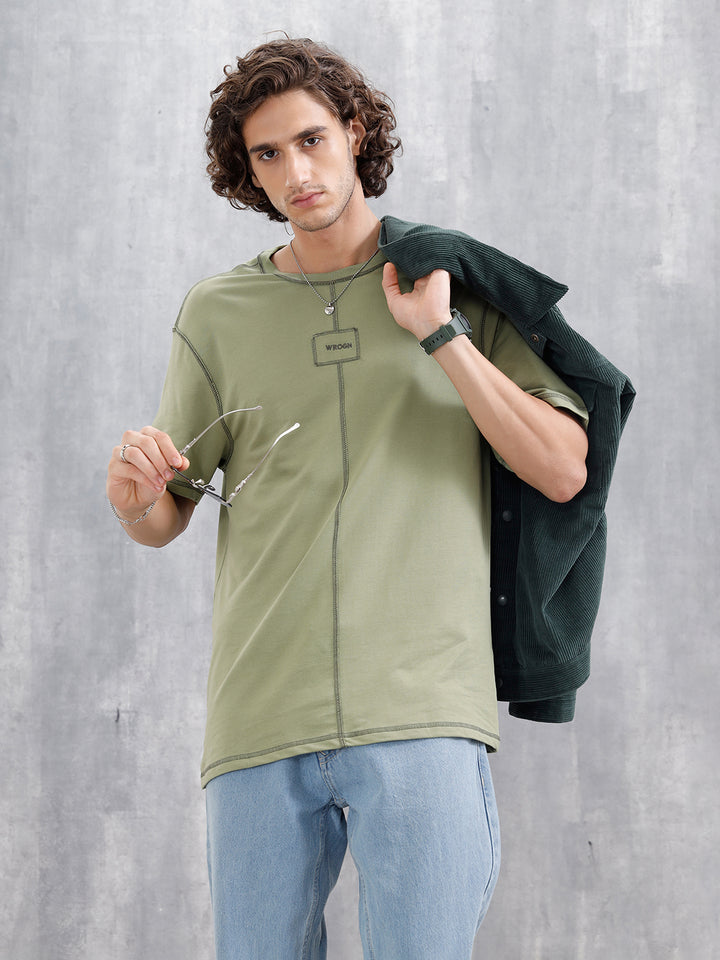 Raw Edge & Stitch Detail Oversized Fit T-Shirt | Green