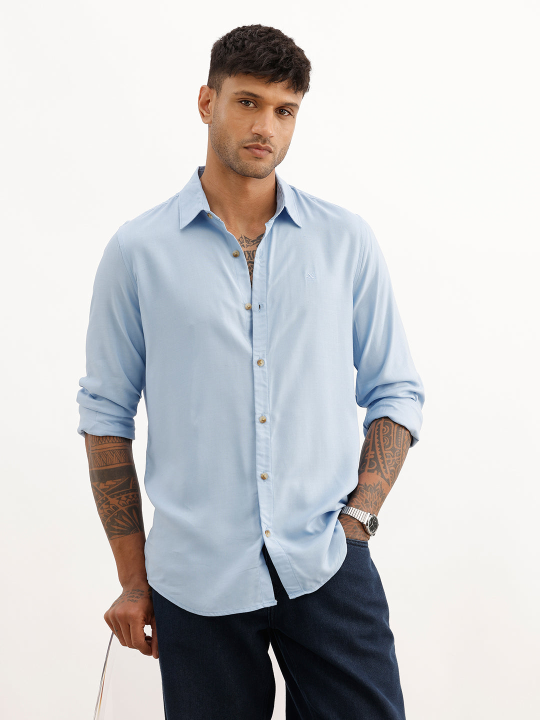 Solid Slim Fit Full Sleeve Shirt | Blue