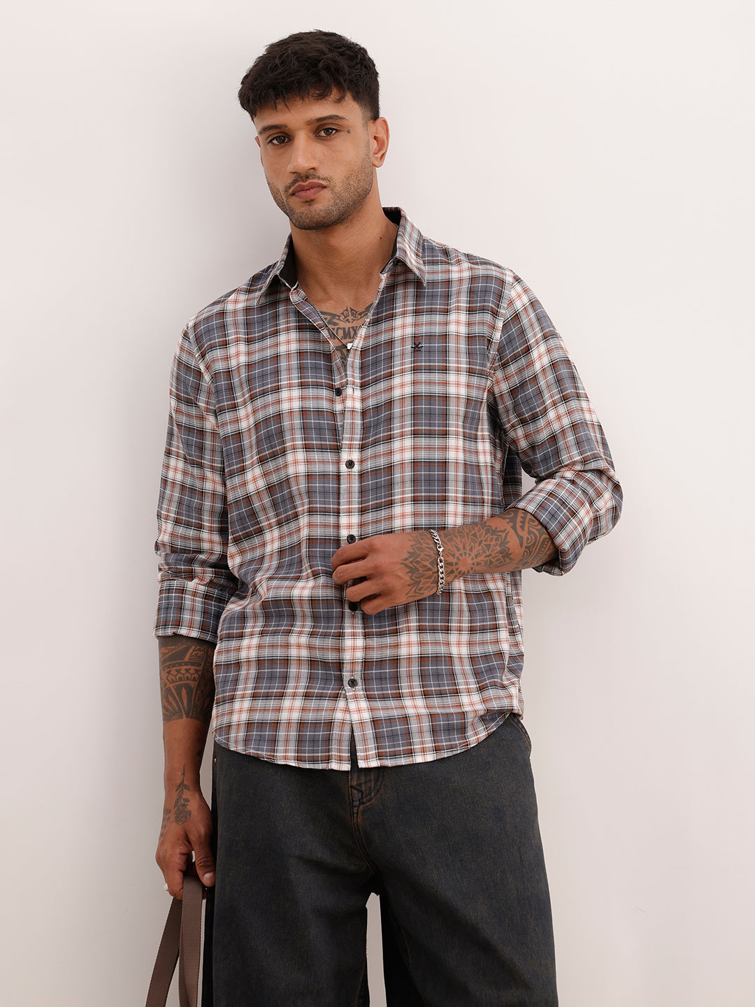 Slim Fit Checkered Full Sleeve Shirt | Grey | WSH02FSSL0073S