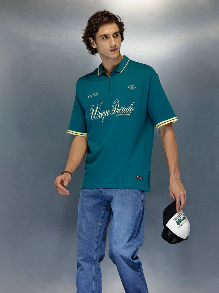 Men’s Retro Script print Zip Polo | Dark Teal