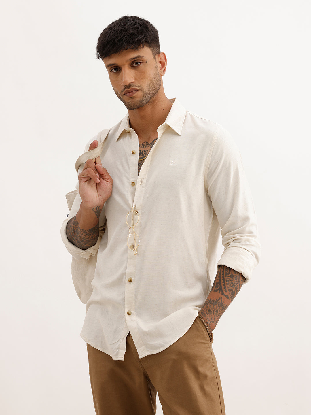 Solid Linen Blend Full Sleeve Shirt | Cream
