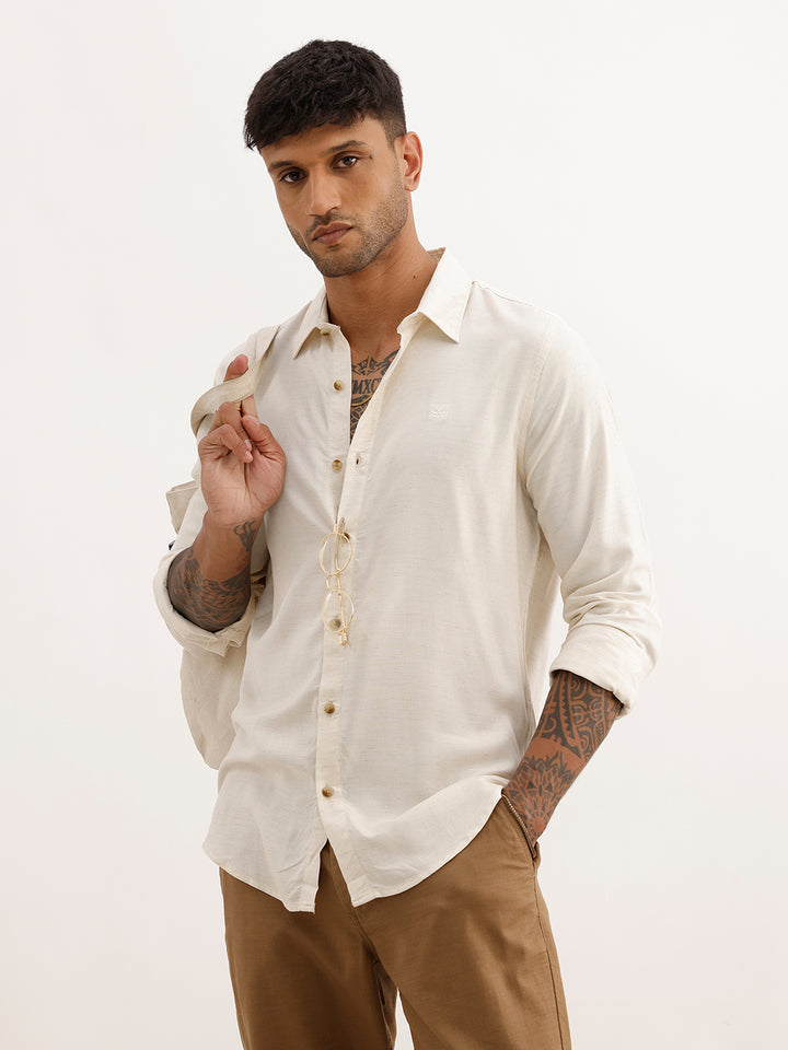 Solid Linen Blend Full Sleeve Shirt | Cream