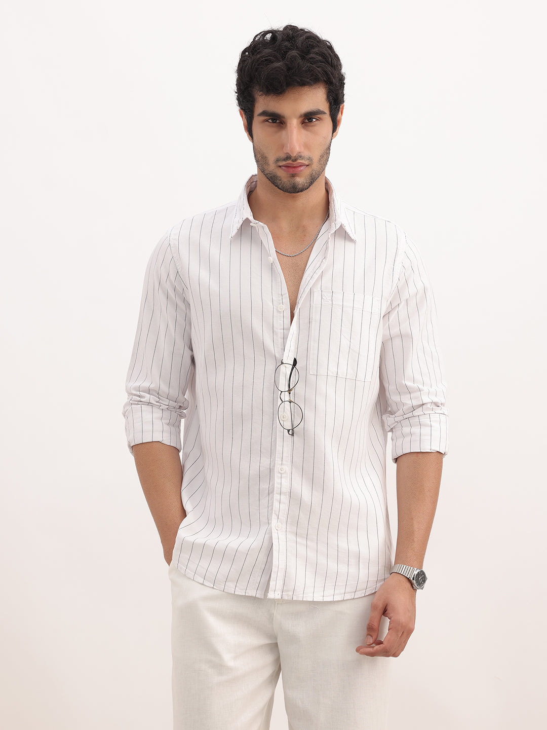 Slim Fit Striped Full Sleeve Shirt | White