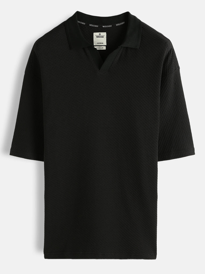 Solid Textured Oversized Polo T-Shirt | Black