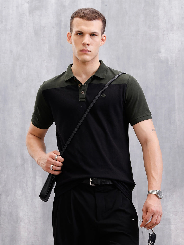 Cut & Sew Slim Fit Polo | Black/Olive