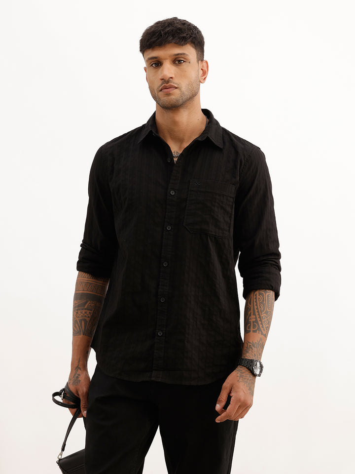 Textured Slim Fit Striped Shirt | Black