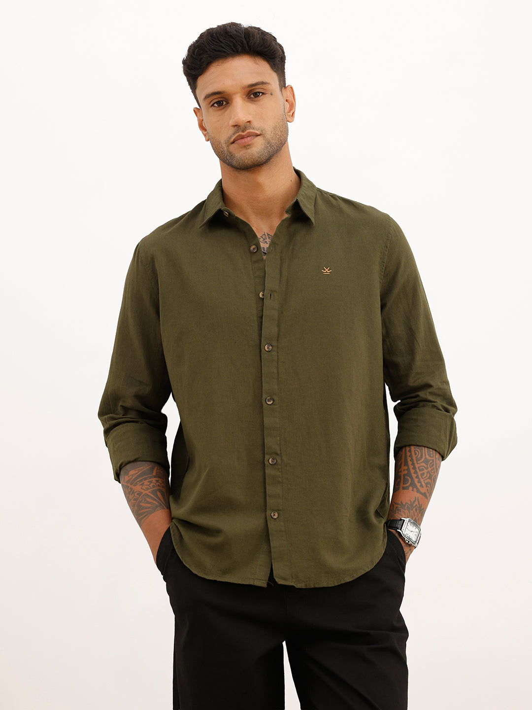 Solid Slim Fit Full Sleeve Shirt | Olive