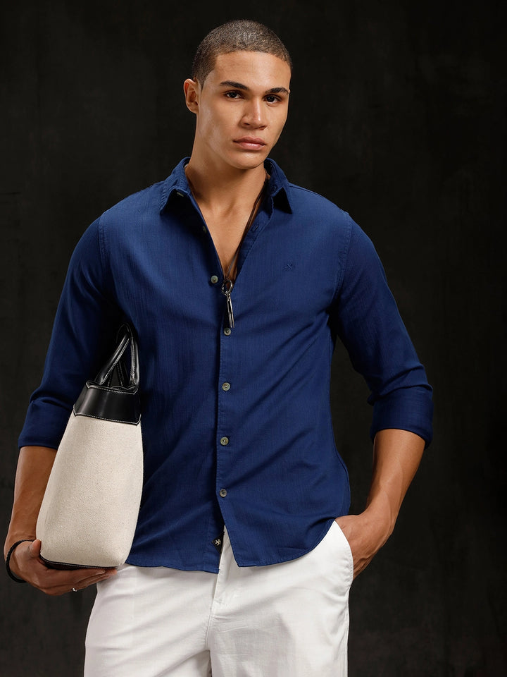 Solid Overdyed Slim Fit Shirt | Dark Blue