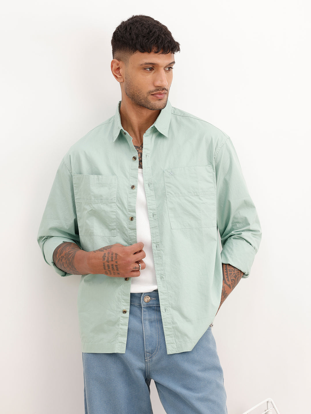 Solid Comfort Fit Double Pocket Shirt | Green