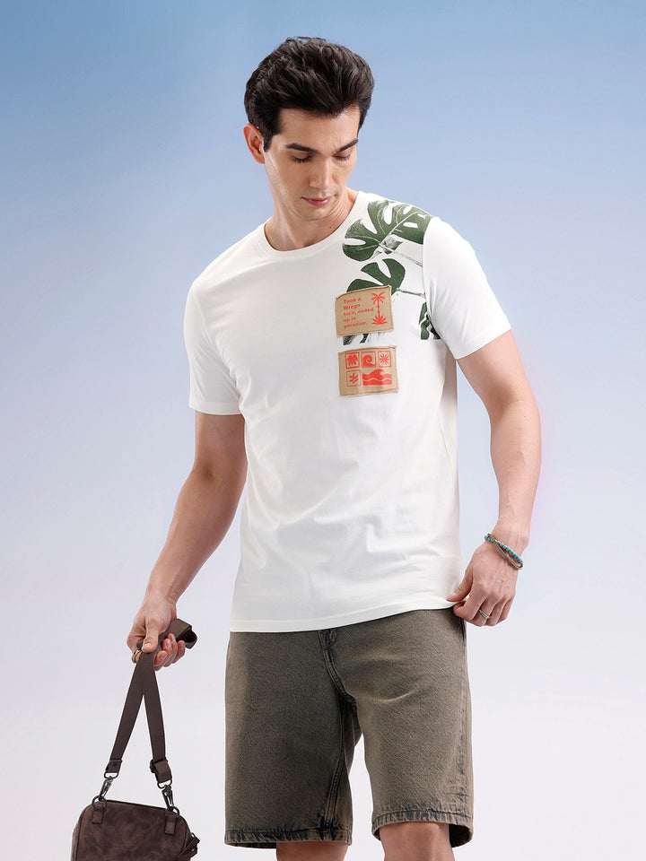 Slim Fit Placement Patch Printed T-Shirt  | Off White