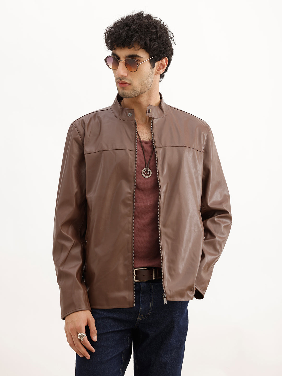 Solid Slim Fit Zipper Jacket | Brown