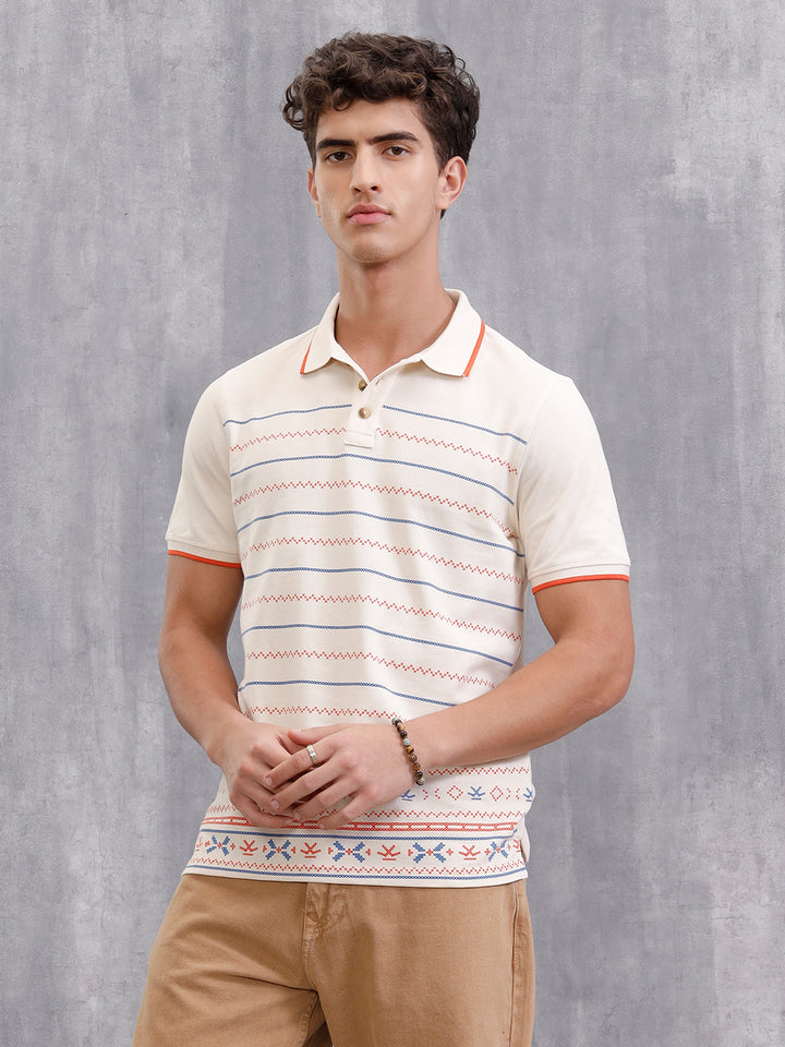 Embroidered Look Engineered Aop Polo T-Shirt  | Beige