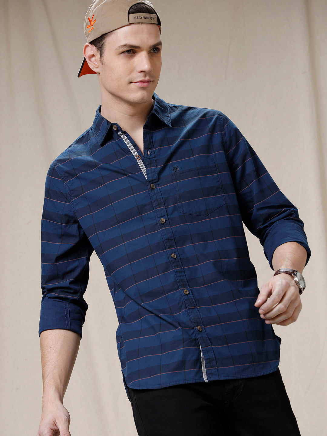 Navy Blue Striped Cotton Shirt