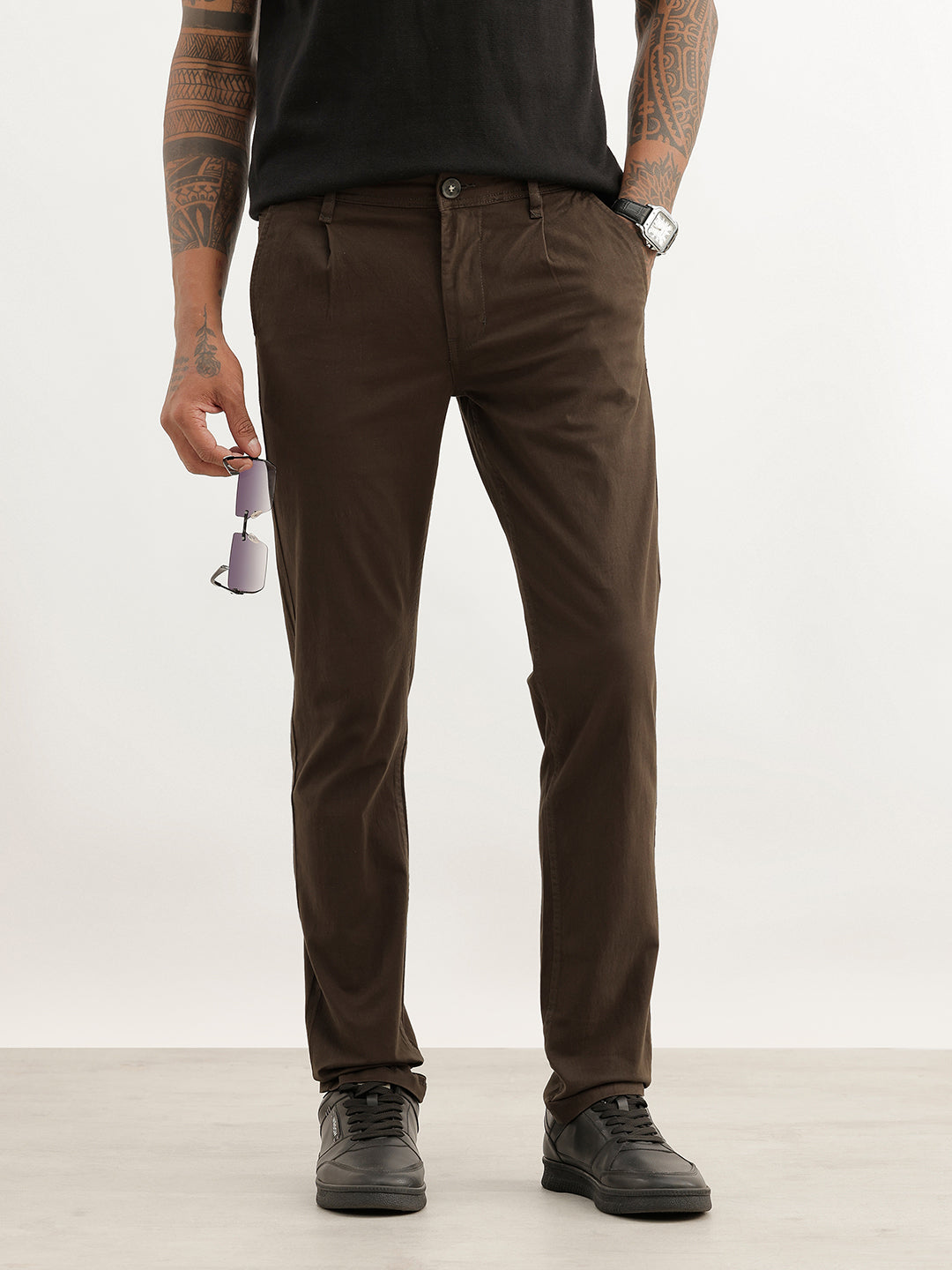 Solid Slim Fit Pleated Trouser | Olive