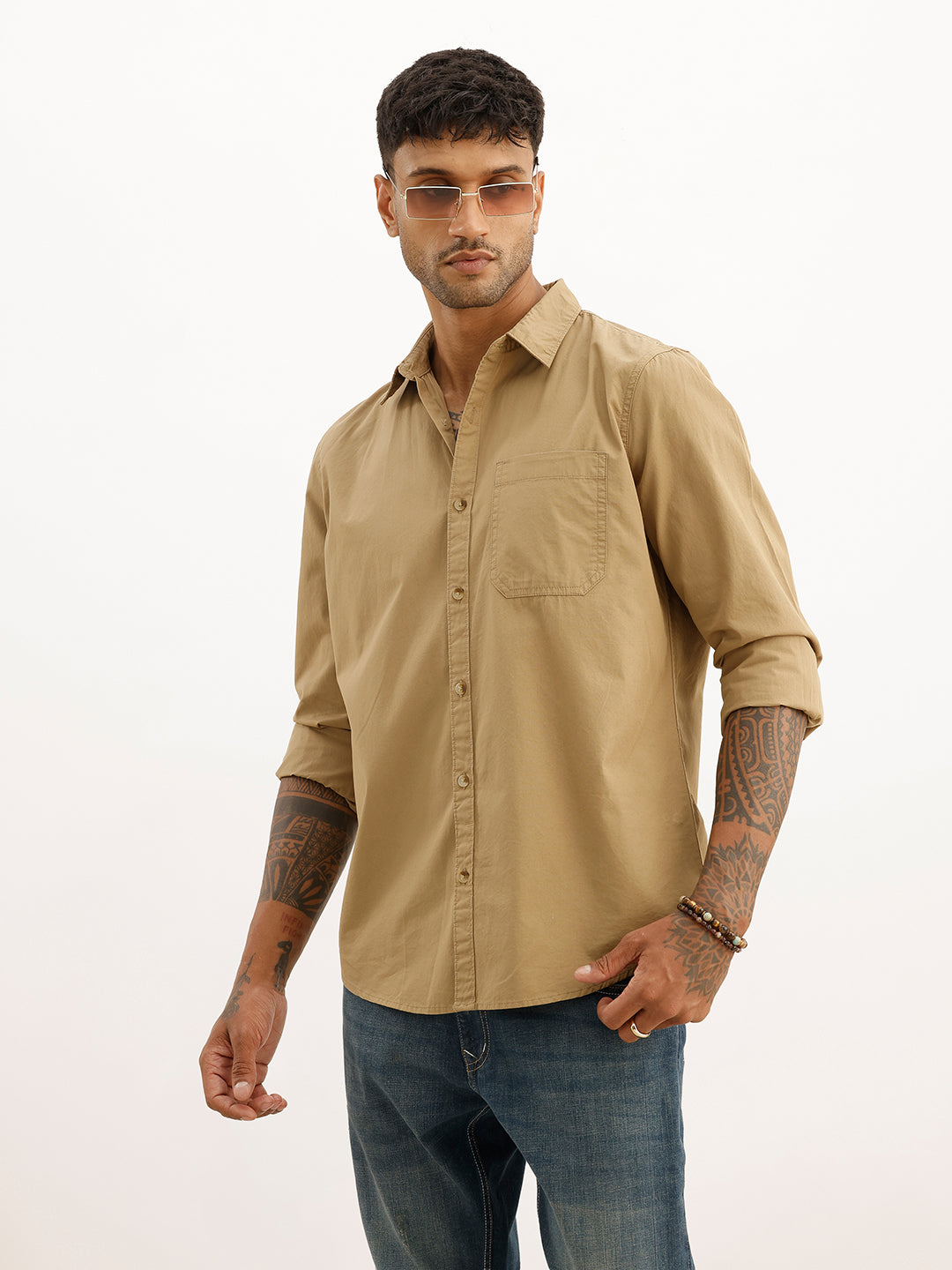 Solid Slim Fit Full Sleeve Shirt | Beige | WTSH0714M