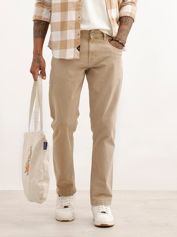 Faded Straight Fit Denim Jeans | Beige