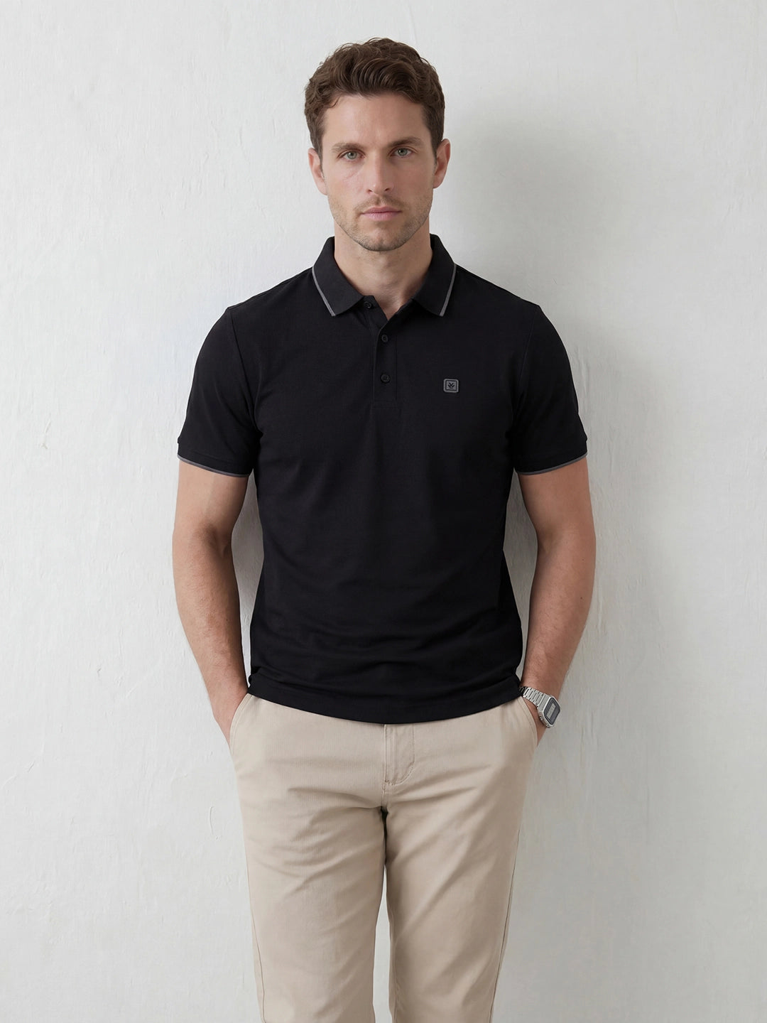 Solid Tipping Collar Polo T-Shirt | Black