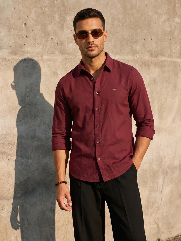 Solid Linen Blend Shirt | Wine