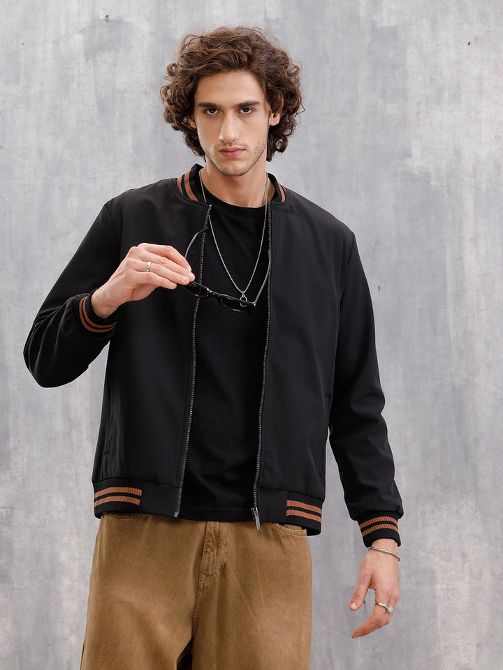 Striped Rib Slim Fit Bomber Jacket  |  Black